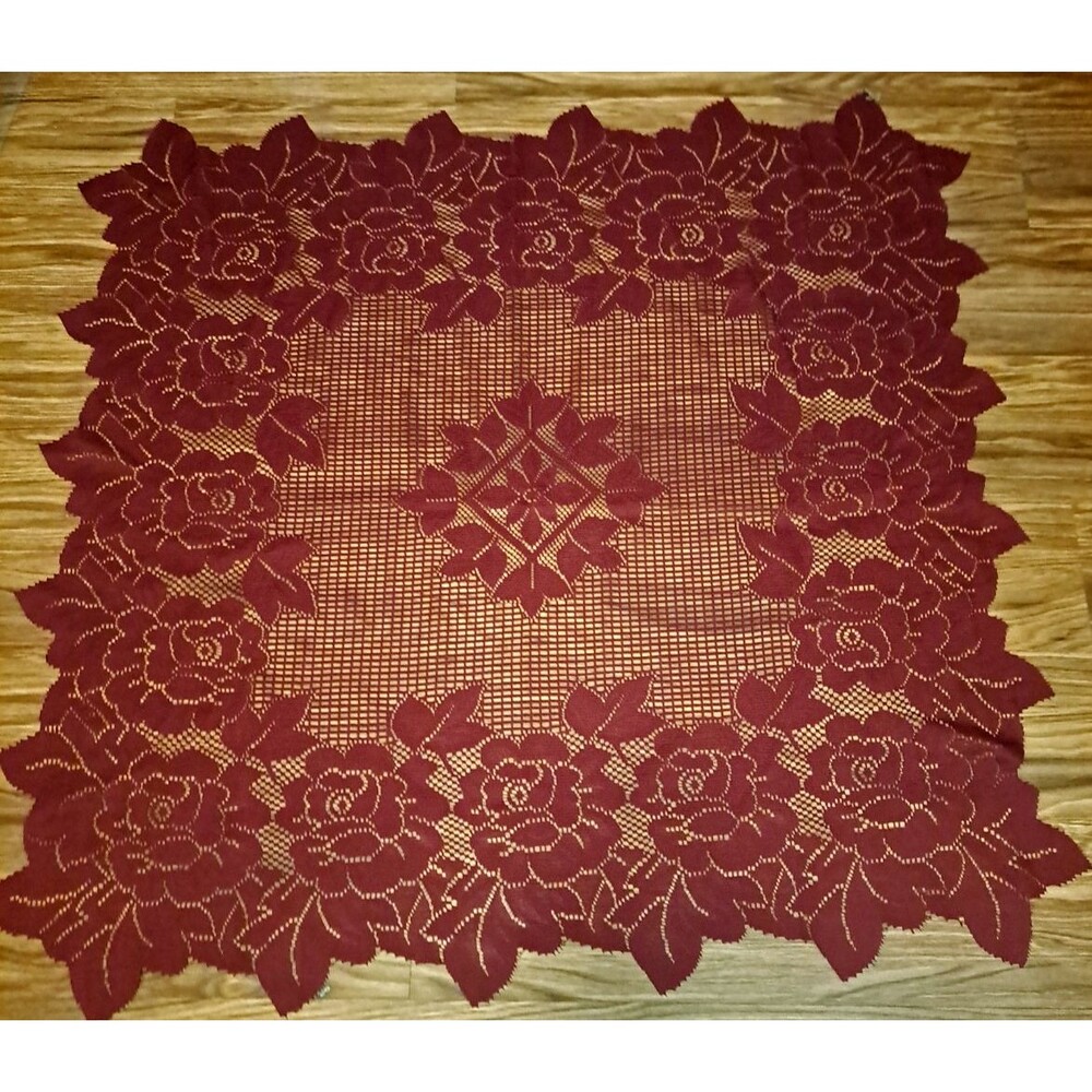 Burgundy Lace Square Tablecloth Centerpiece Roses Folk Art 37" Country Cottage